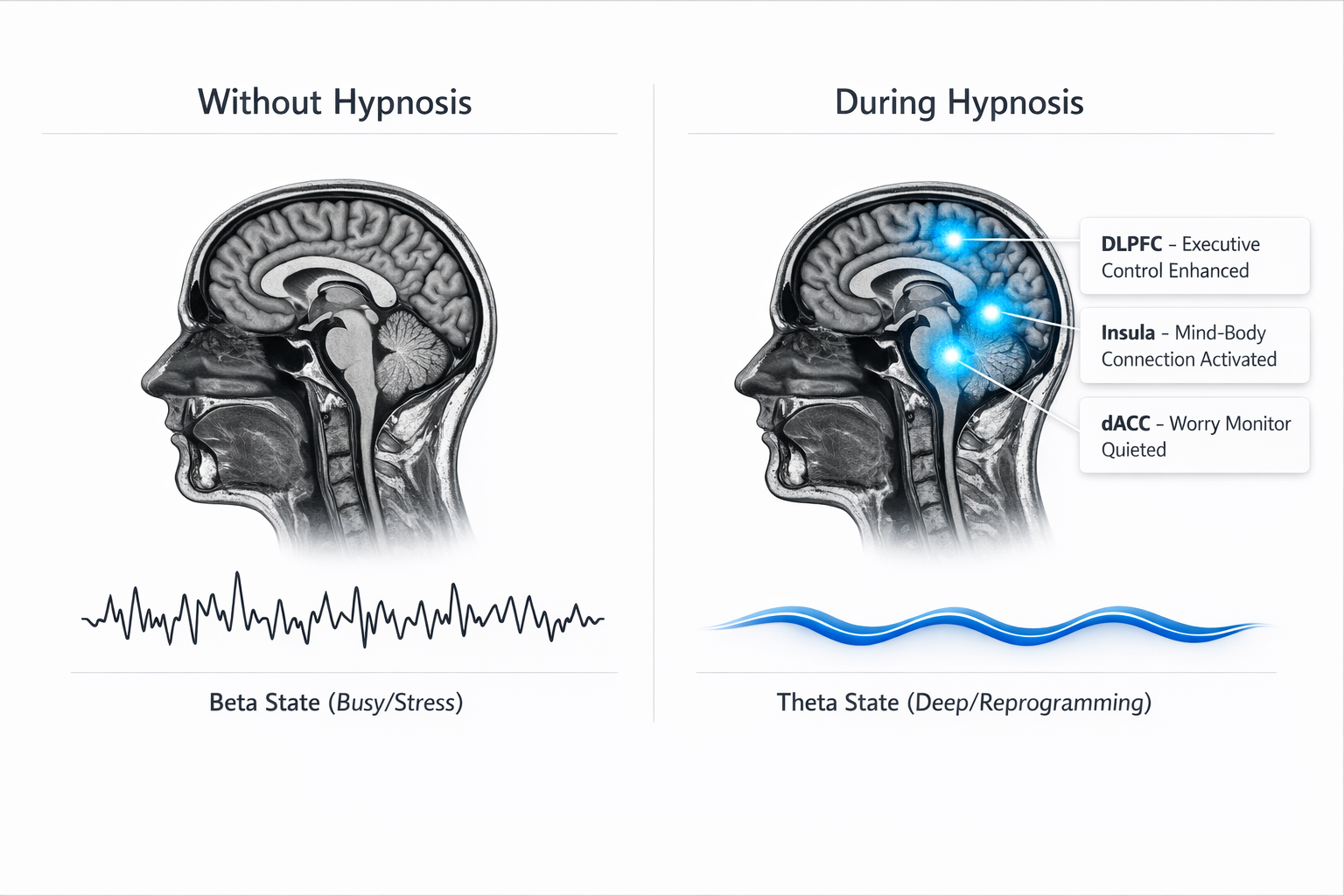 Without hypnosis vs during hypnosis brain state comparison showing Beta State (busy/stress) versus Theta State (deep/reprogramming)