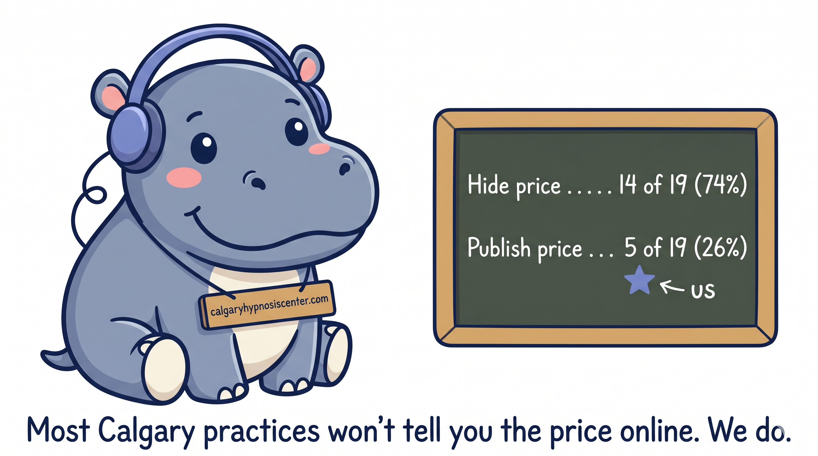 Market benchmark of 19 Calgary hypnotherapy practitioners showing 14 hide pricing and 5 publish at $220-$250