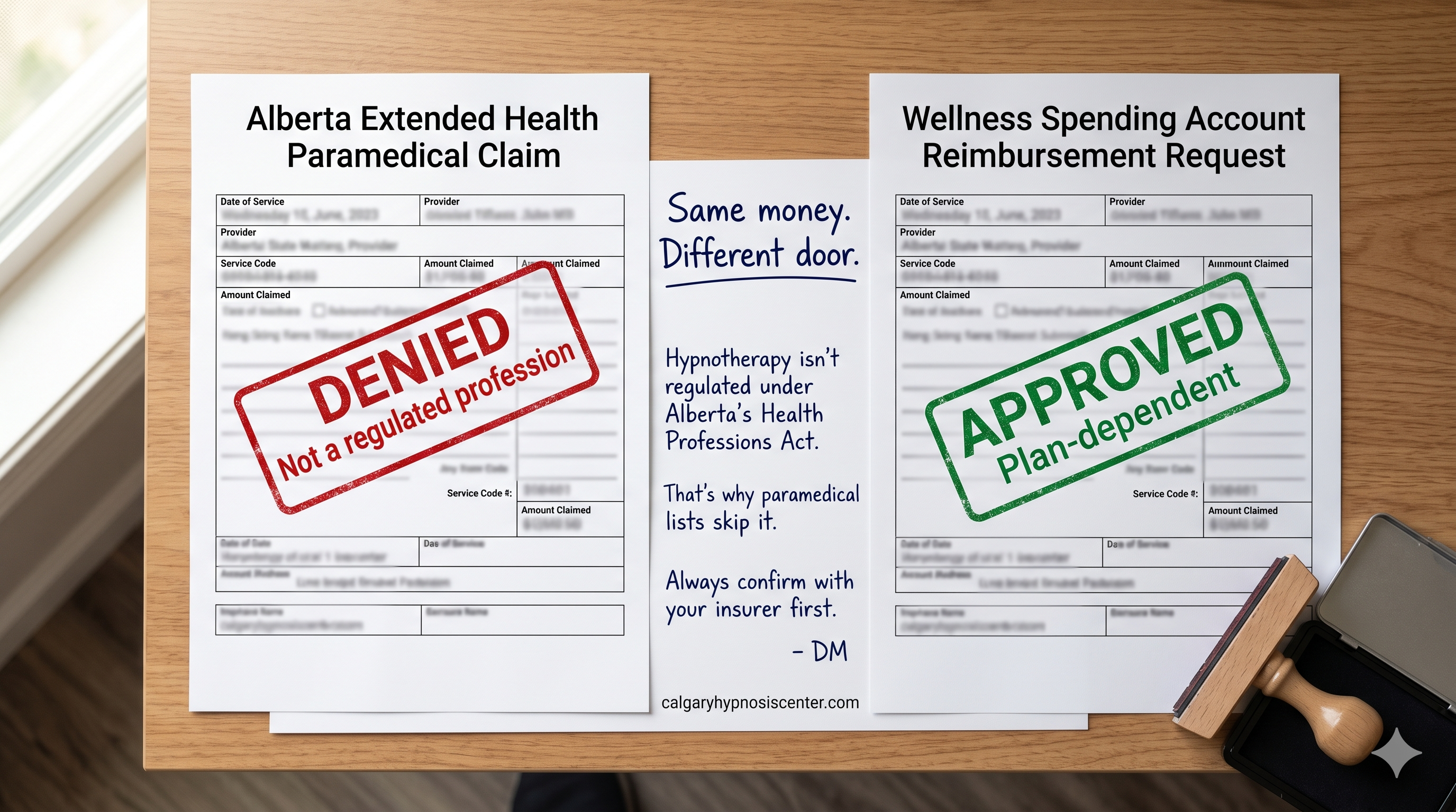 Denied Alberta extended-health hypnotherapy claim contrasted with approved WSA reimbursement