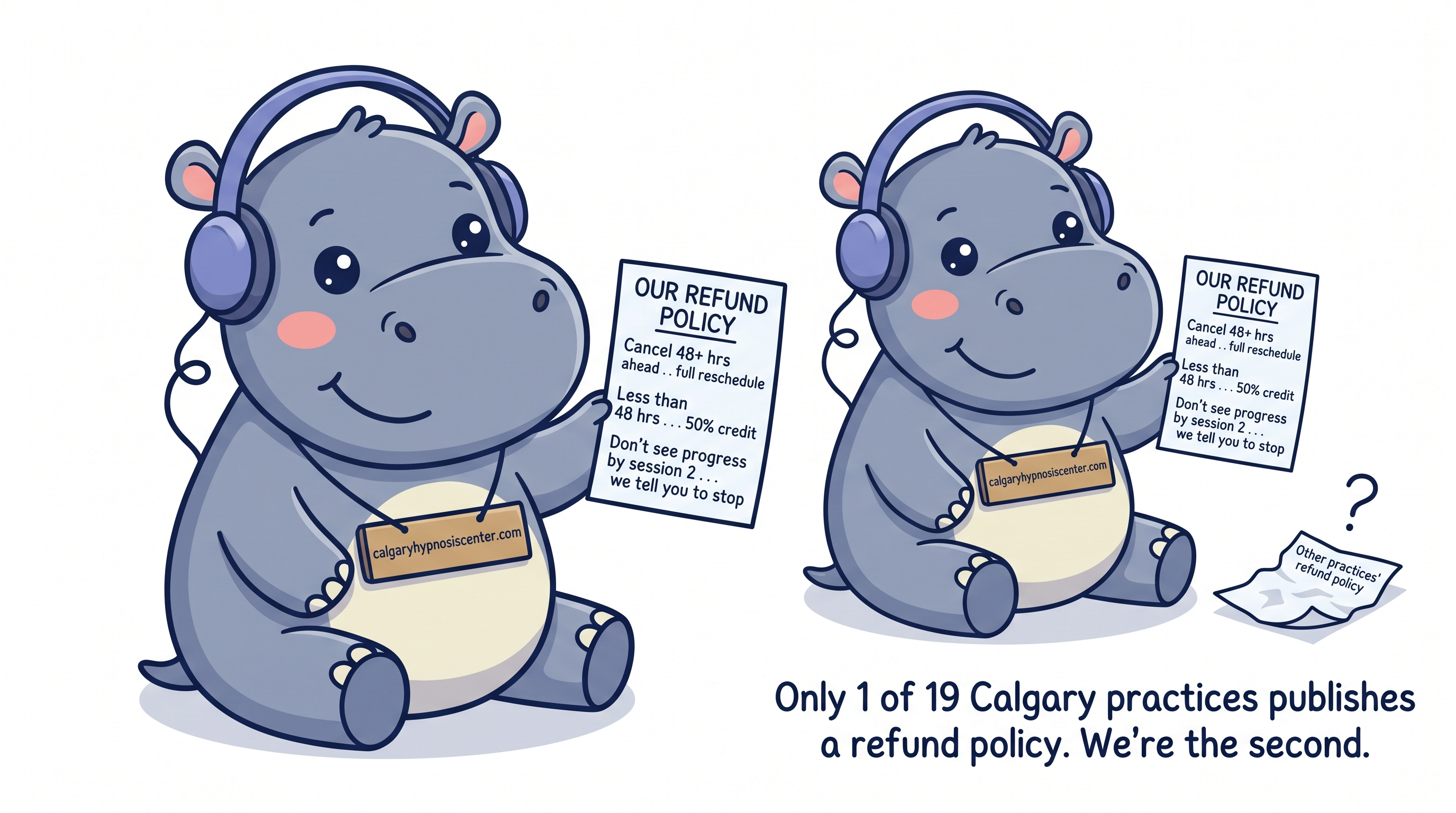 Hypno Hippo holding a published refund policy next to a competitor with no policy