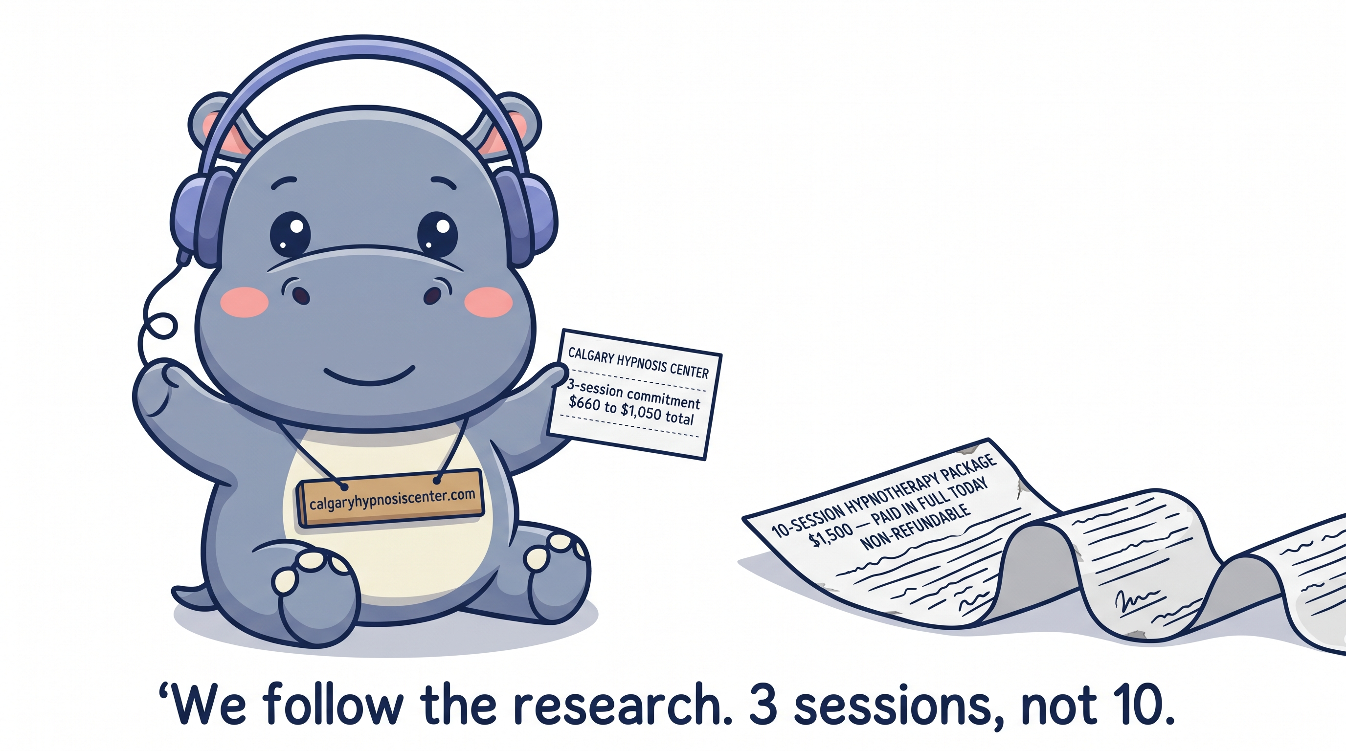 Hypno Hippo holding a 3-session commitment receipt next to a 10-session lock-in contract