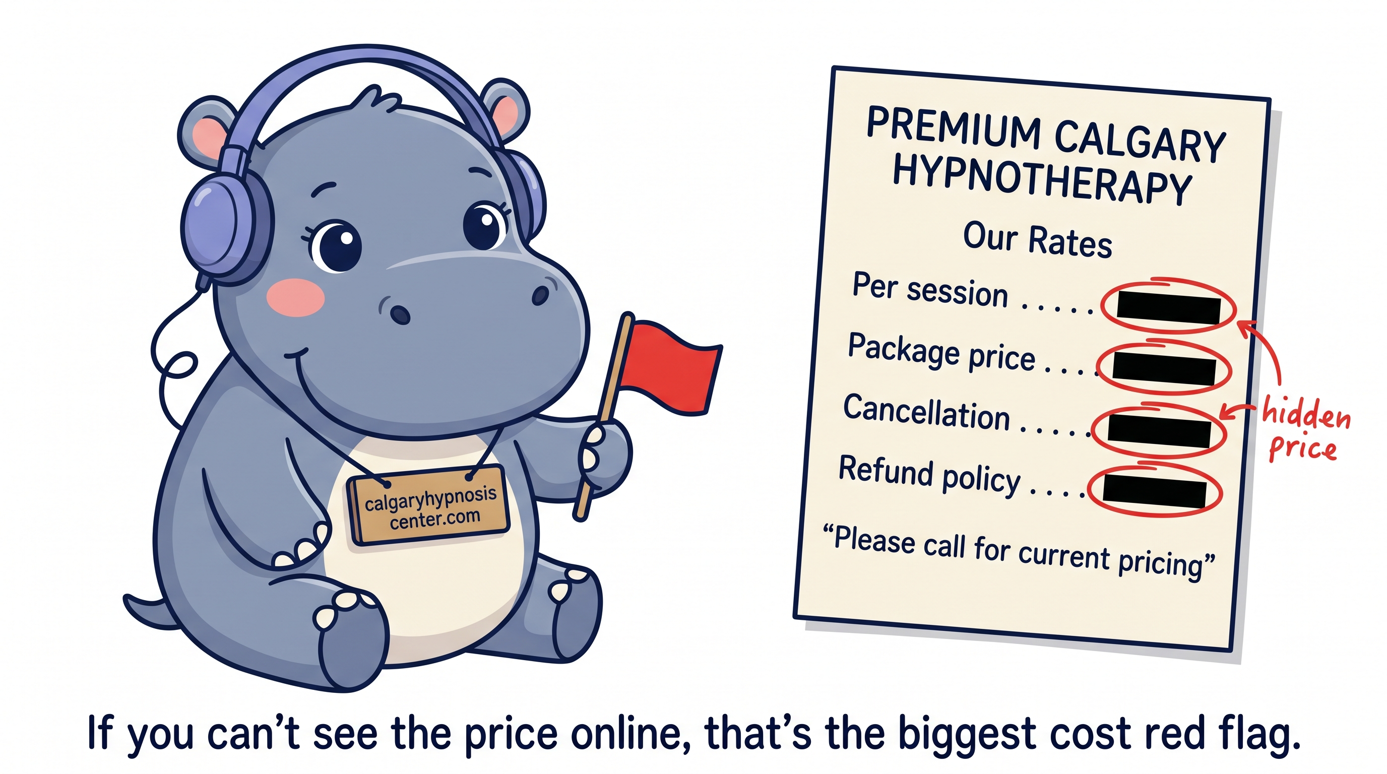 Calgary hypnotherapy red flags annotated on a competitor pricing page with hidden price as the biggest red flag