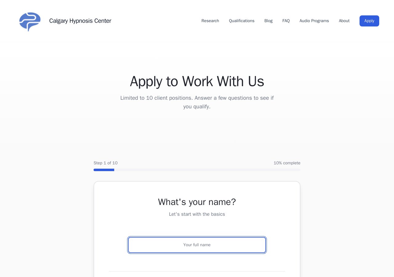 Calgary Hypnosis Centre's 'Apply to Work With Us' application page, showing a multi-step intake form
