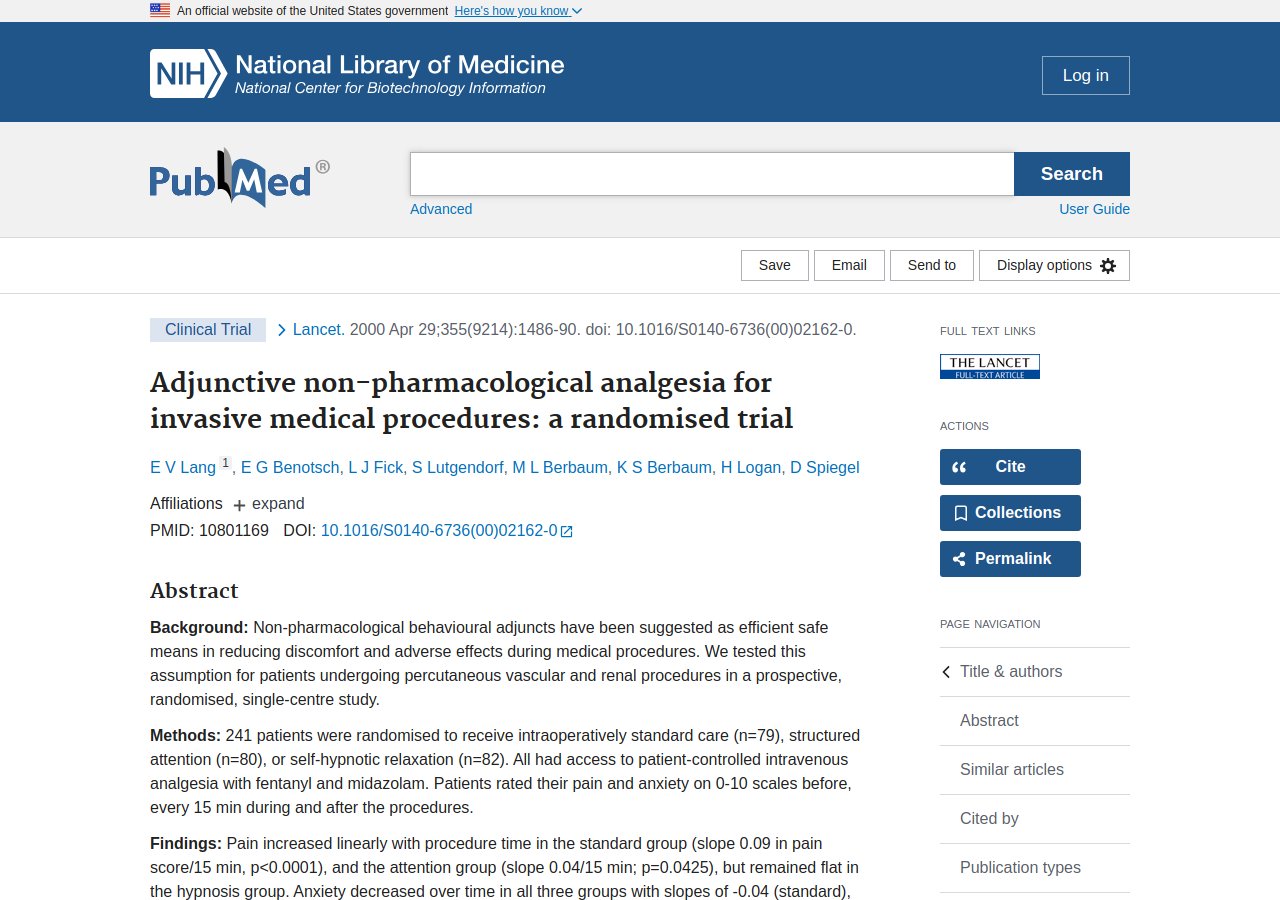 PubMed abstract for the Lancet hypnosis trial (Lang et al., 2000)